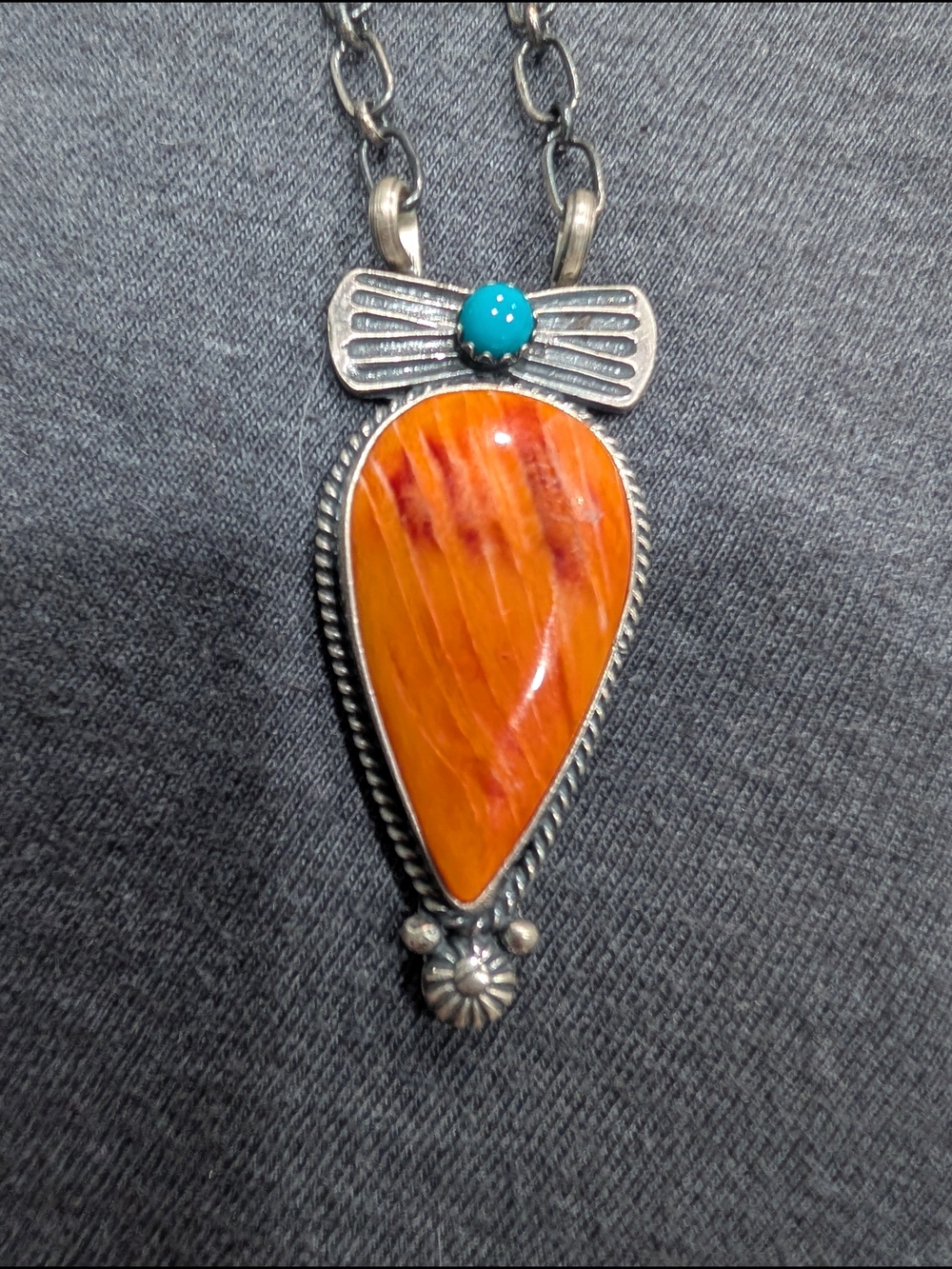 Orange Spiny Teardrop Stone Pendant Necklace with Turquoise Accent